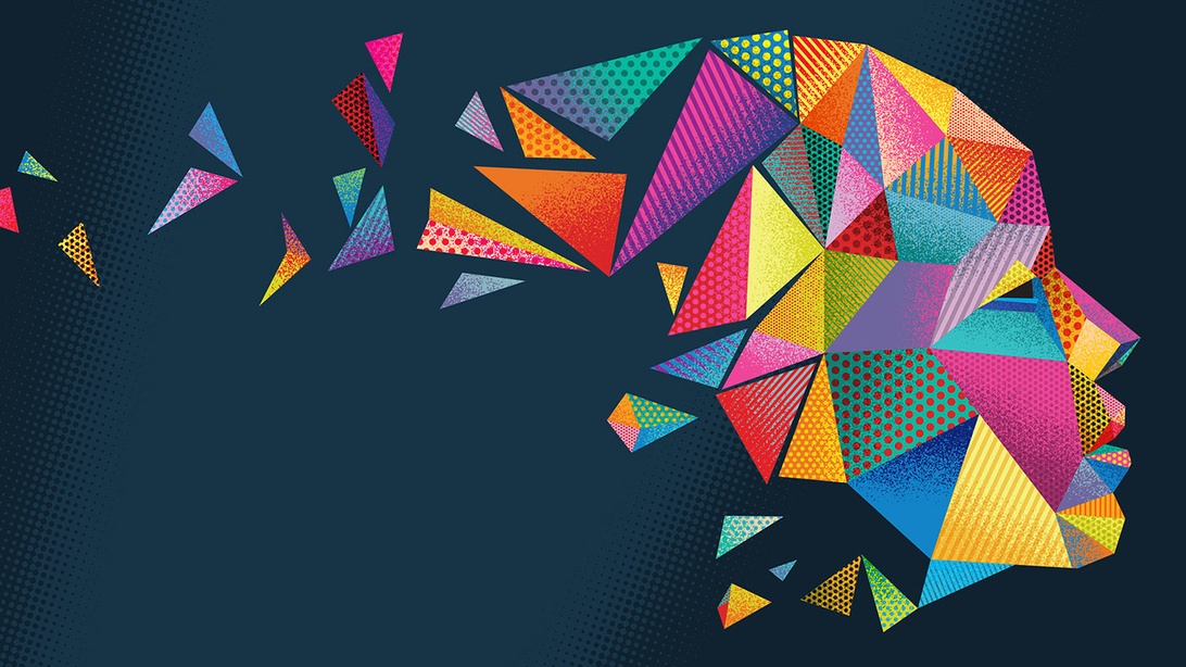 A creative digital illustration showing a profile of a human head composed of colorful geometric triangles against a dark blue background. This abstract representation suggests digital intelligence or AI conceptualization through its fragmented, algorithmic-like appearance.